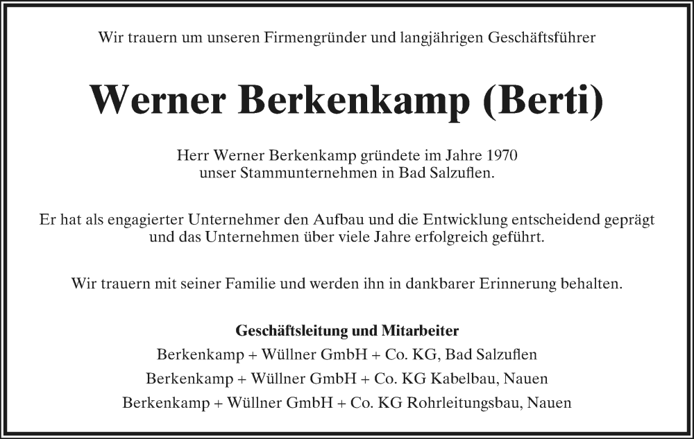  Traueranzeige für Werner Berkenkamp vom 22.10.2022 aus Lippische Landes-Zeitung