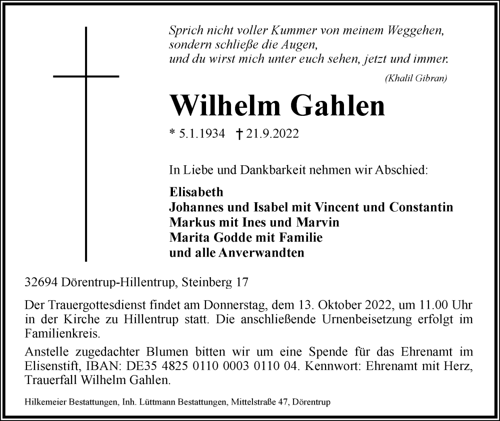  Traueranzeige für Wilhelm Gahlen vom 01.10.2022 aus Lippische Landes-Zeitung
