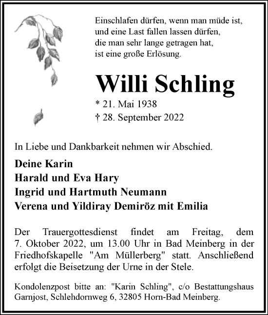 Anzeige  Willi Schling  Lippische Landes-Zeitung
