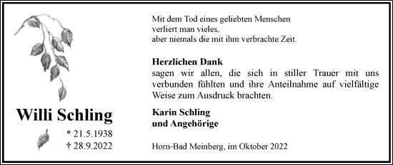 Anzeige  Willi Schling  Lippische Landes-Zeitung