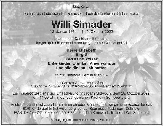 Anzeige  Willi Simader  Lippische Landes-Zeitung