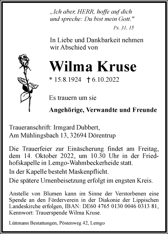 Anzeige  Wilma Kruse  Lippische Landes-Zeitung