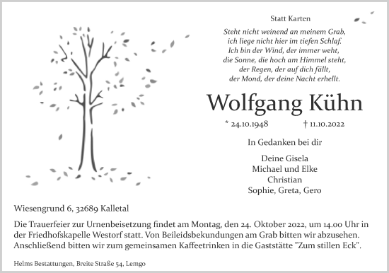 Anzeige  Wolfgang Kühn  Lippische Landes-Zeitung