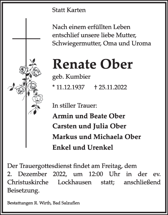 Anzeige  Renate Ober  Lippische Landes-Zeitung