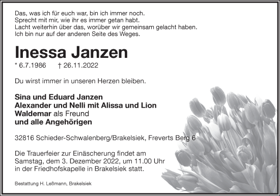 Anzeige  Inessa Janzen  Lippische Landes-Zeitung