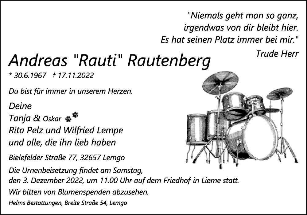  Traueranzeige für Andreas Rautenberg vom 26.11.2022 aus Lippische Landes-Zeitung