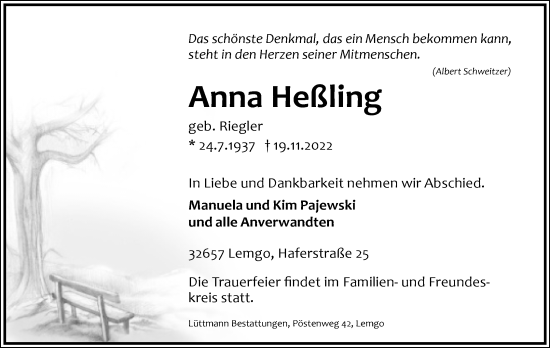 Anzeige  Anna Heßling  Lippische Landes-Zeitung