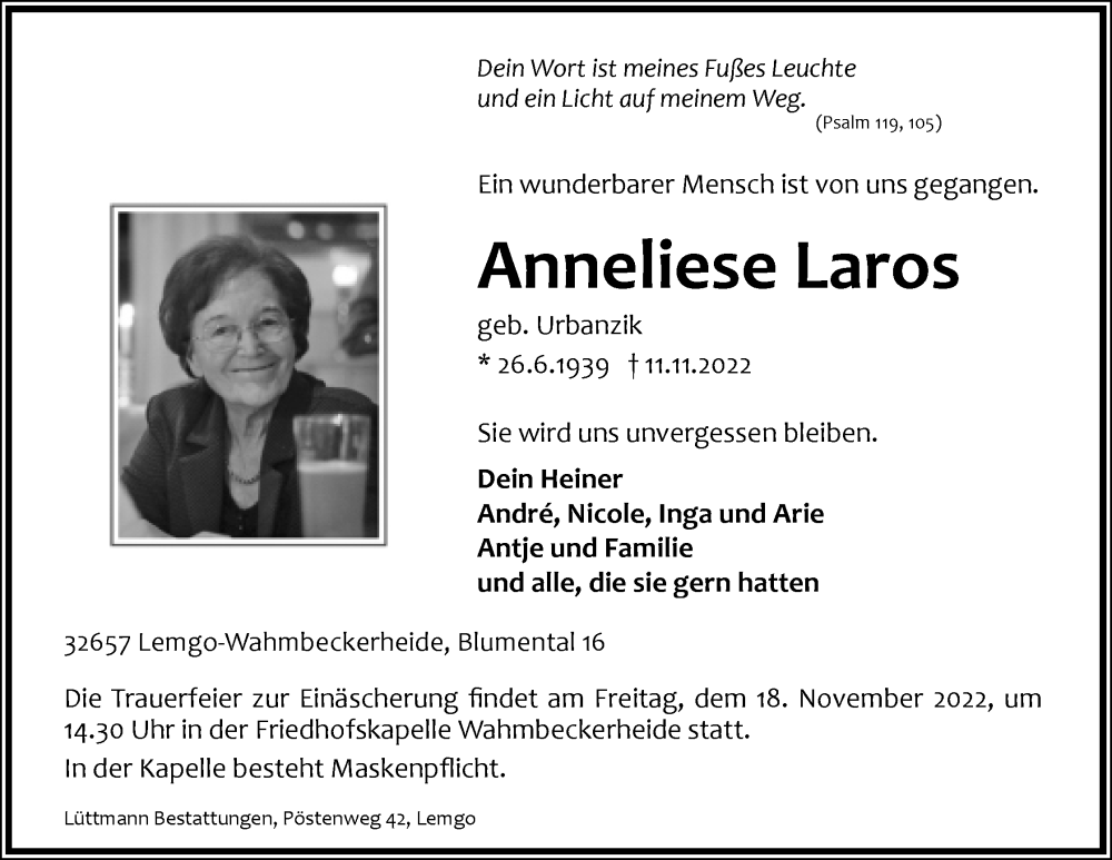  Traueranzeige für Anneliese Laros vom 16.11.2022 aus Lippische Landes-Zeitung