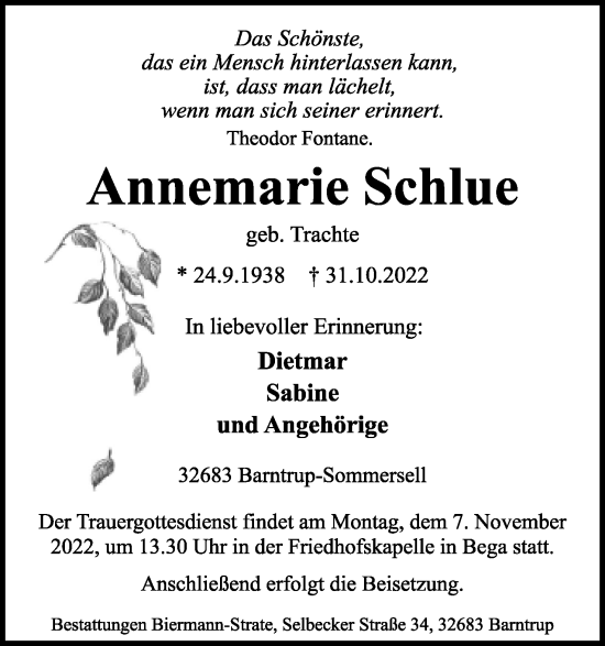 Anzeige  Annemarie Schlue  Lippische Landes-Zeitung
