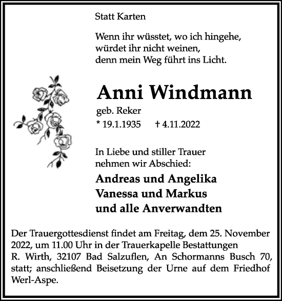Anzeige  Anni Windmann  Lippische Landes-Zeitung