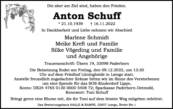 Anzeige  Anton Schuff  Lippische Landes-Zeitung