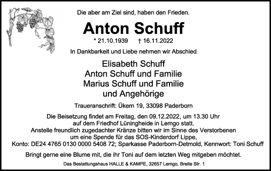Anzeige  Anton Schuff  Lippische Landes-Zeitung
