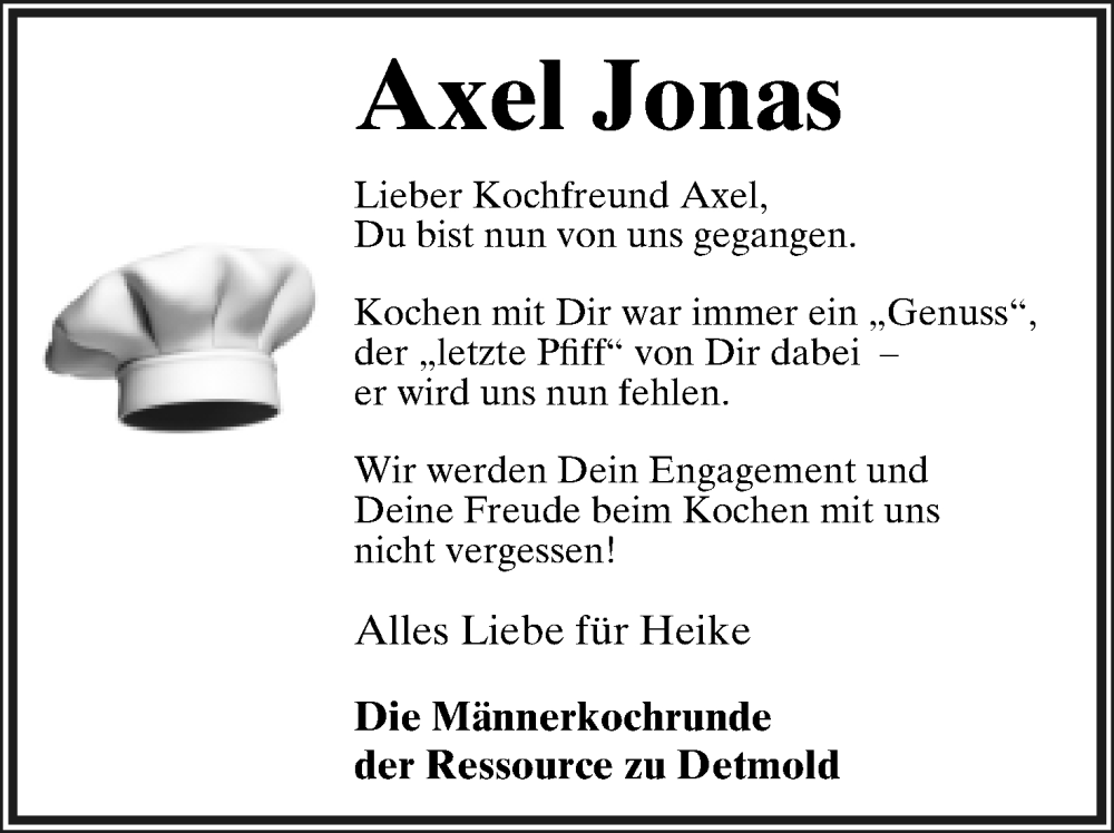  Traueranzeige für Axel Jonas vom 12.11.2022 aus Lippische Landes-Zeitung