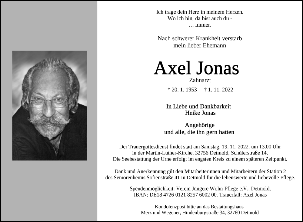 Traueranzeige für Axel Jonas vom 12.11.2022 aus Lippische Landes-Zeitung