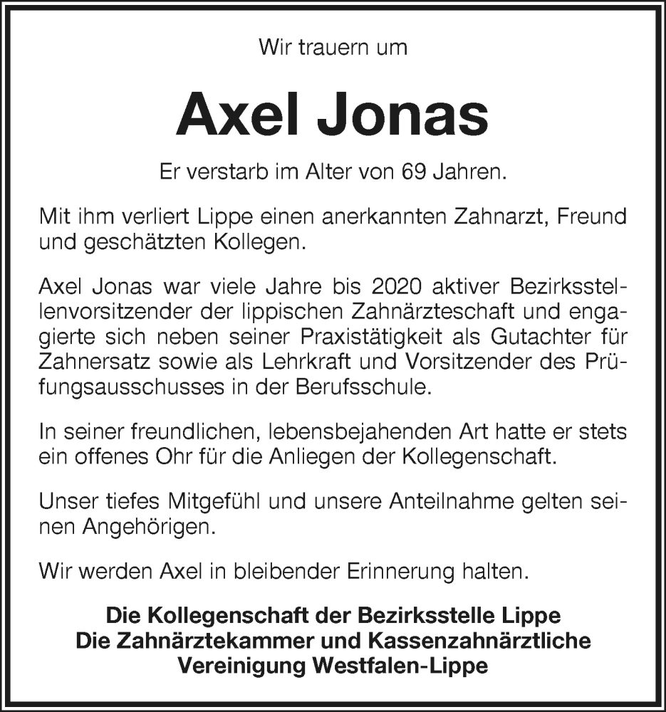  Traueranzeige für Axel Jonas vom 12.11.2022 aus Lippische Landes-Zeitung