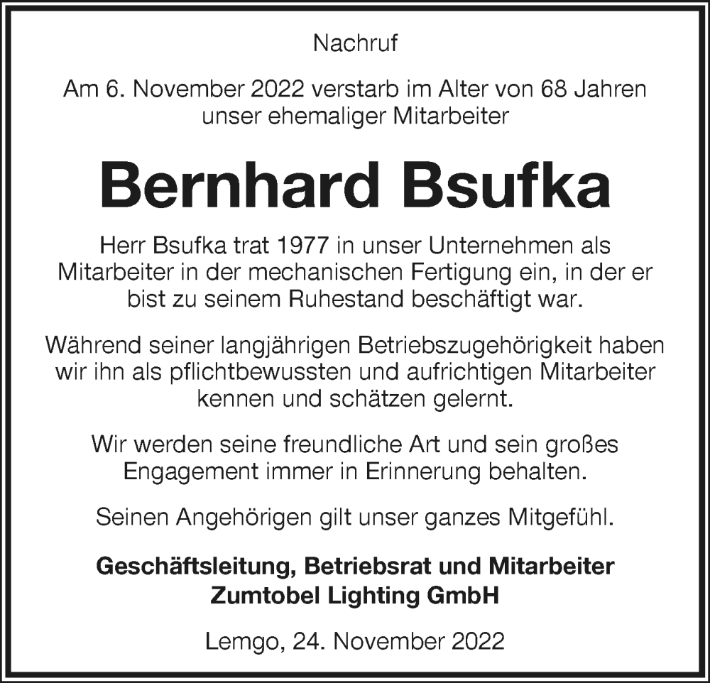  Traueranzeige für Bernhard Bsufka vom 26.11.2022 aus Lippische Landes-Zeitung