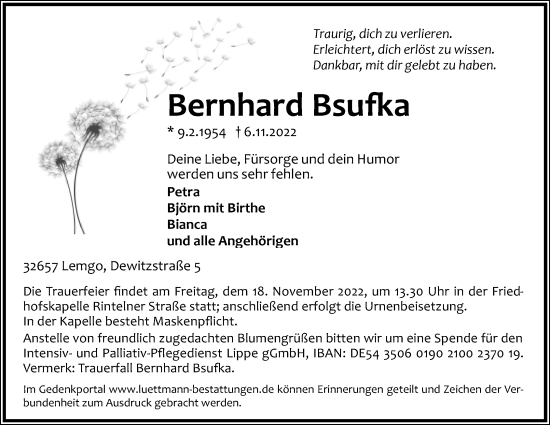 Anzeige  Bernhard Bsufka  Lippische Landes-Zeitung