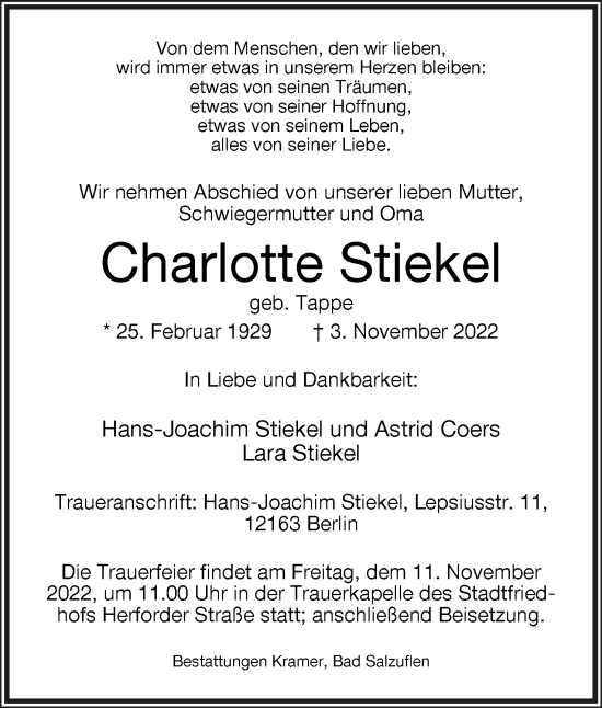Anzeige  Charlotte Stiekel  Lippische Landes-Zeitung