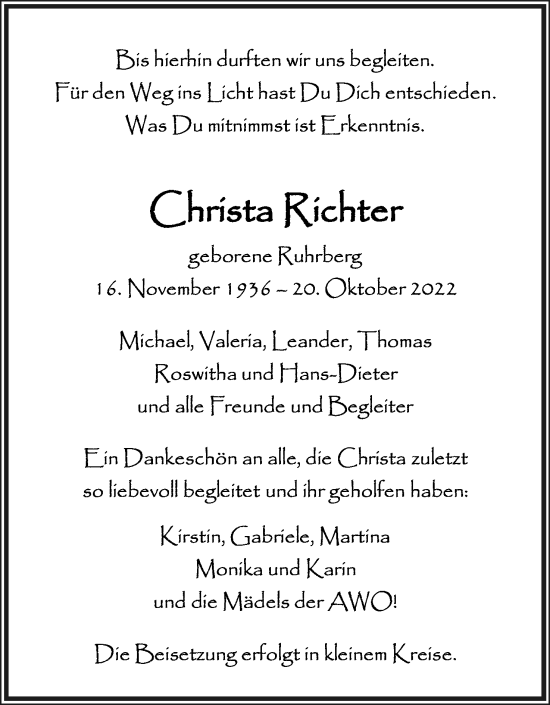 Anzeige  Christa Richter  Lippische Landes-Zeitung