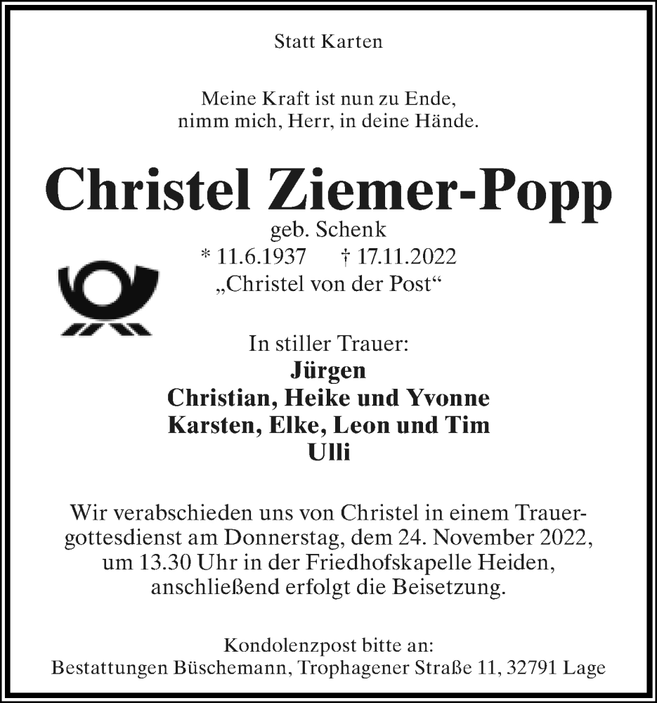  Traueranzeige für Christel Ziemer-Popp vom 21.11.2022 aus Lippische Landes-Zeitung