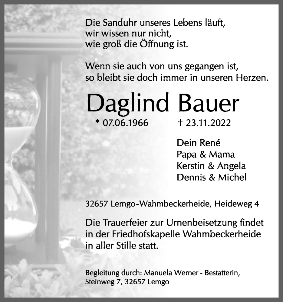  Traueranzeige für Daglind Bauer vom 26.11.2022 aus Lippische Landes-Zeitung