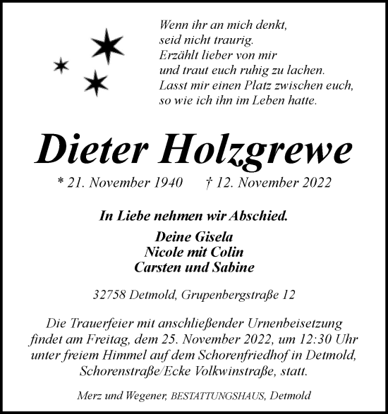 Anzeige  Dieter Holzgrewe  Lippische Landes-Zeitung