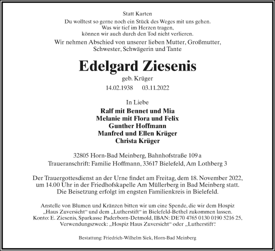 Anzeige  Edelgard Ziesenis  Lippische Landes-Zeitung