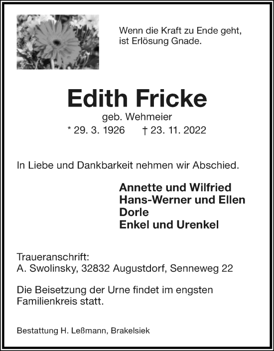 Anzeige  Edith Fricke  Lippische Landes-Zeitung