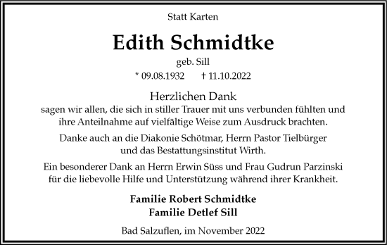 Anzeige  Edith Schmidtke  Lippische Landes-Zeitung