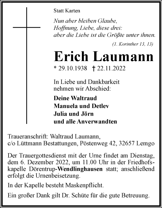 Anzeige  Erich Laumann  Lippische Landes-Zeitung