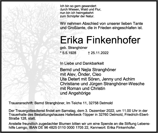 Anzeige  Erika Finkenhofer  Lippische Landes-Zeitung