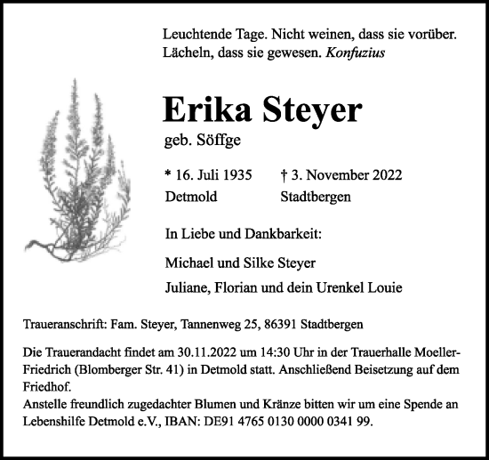 Anzeige  Erika Steyer  Lippische Landes-Zeitung