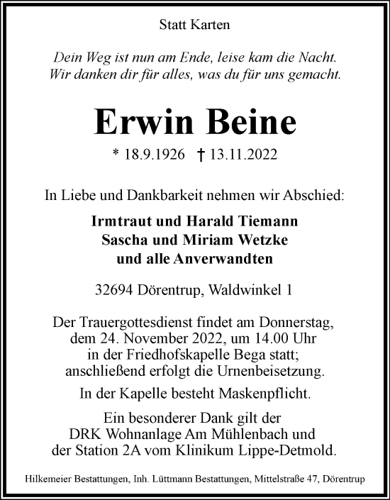 Anzeige  Erwin Beine  Lippische Landes-Zeitung