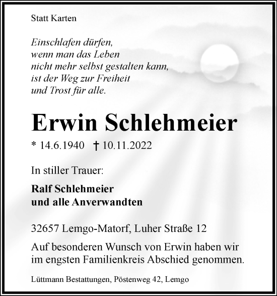 Anzeige  Erwin Schlehmeier  Lippische Zeitung