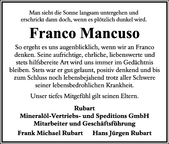 Anzeige  Franco Mancuso  Lippische Landes-Zeitung
