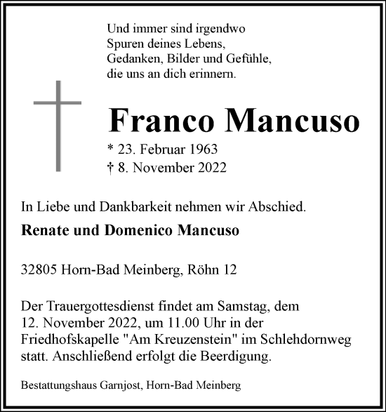 Anzeige  Franco Mancuso  Lippische Landes-Zeitung