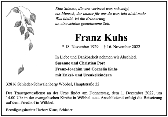 Anzeige  Franz Kuhs  Lippische Landes-Zeitung