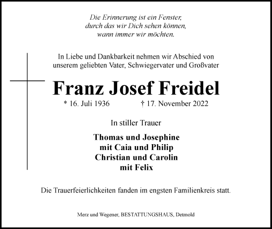 Anzeige  Franz Josef Freidel  Lippische Landes-Zeitung