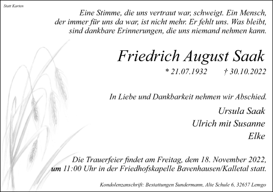 Anzeige  Friedrich August Saak  Lippische Landes-Zeitung