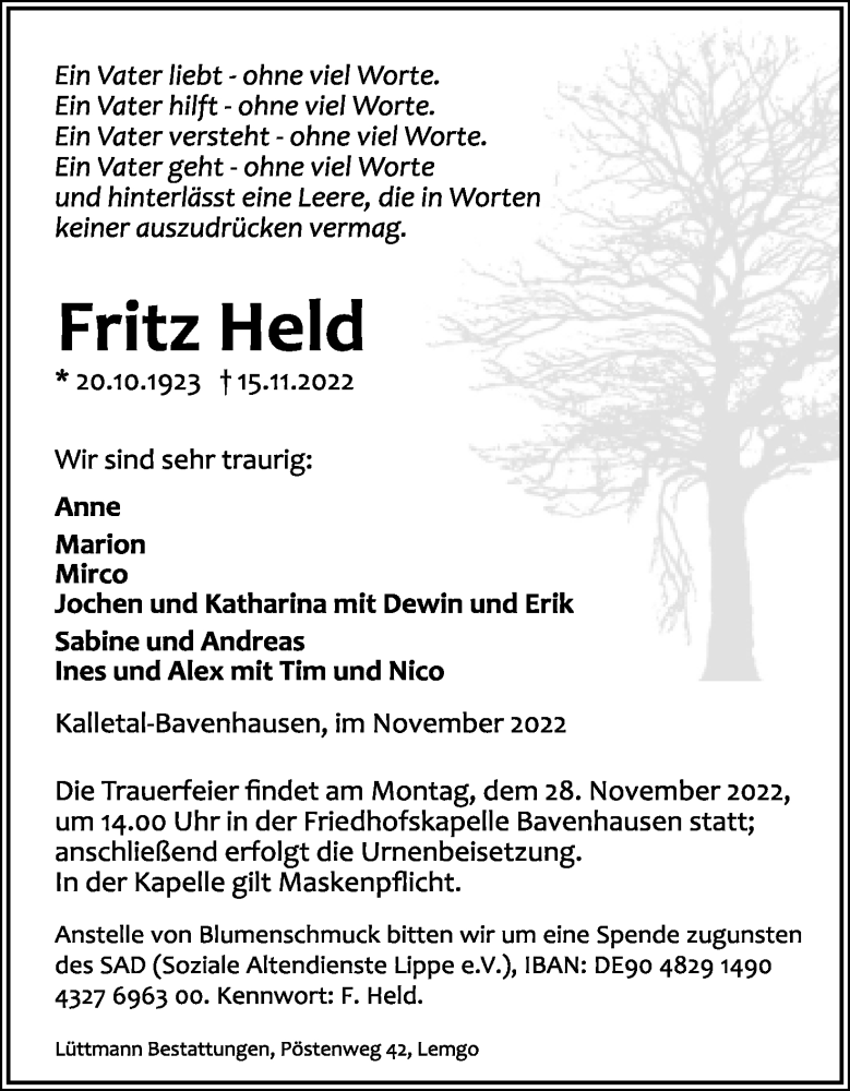  Traueranzeige für Fritz Held vom 19.11.2022 aus Lippische Landes-Zeitung