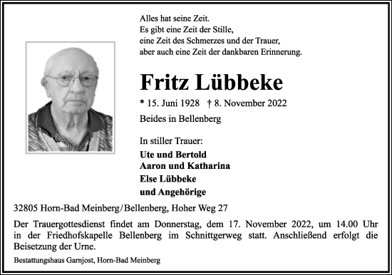 Anzeige  Fritz Lübbeke  Lippische Landes-Zeitung