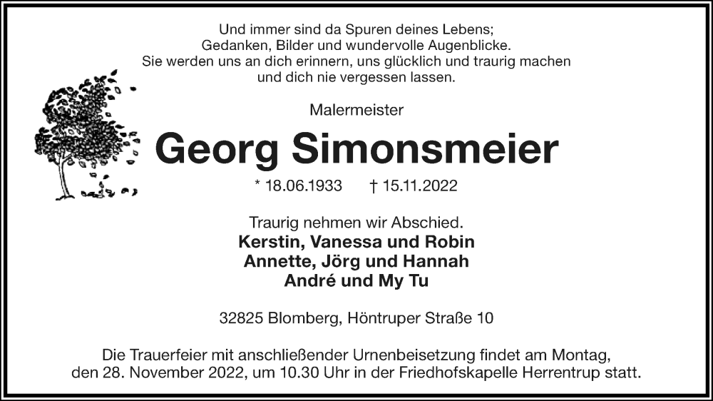  Traueranzeige für Georg Simonsmeier vom 19.11.2022 aus Lippische Landes-Zeitung