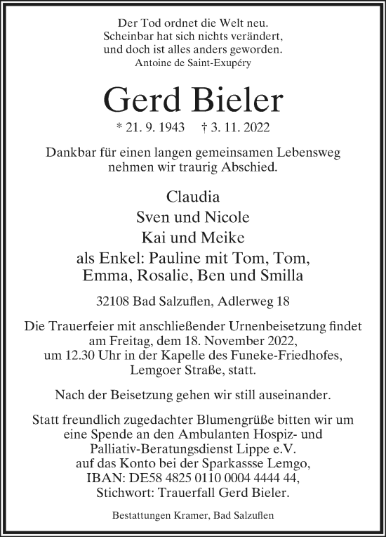 Anzeige  Gerd Bieler  Lippische Landes-Zeitung