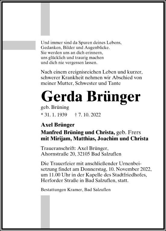 Anzeige  Gerda Brünger  Lippische Landes-Zeitung