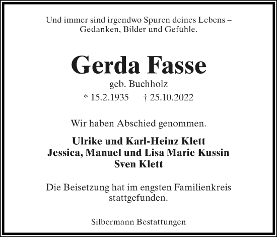 Anzeige  Gerda Fasse  Lippische Landes-Zeitung