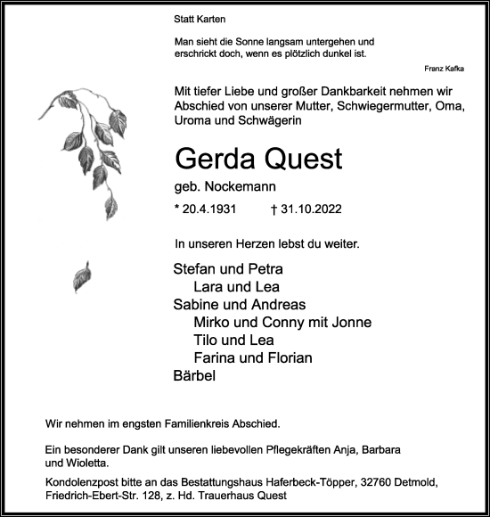 Anzeige  Gerda Quest  Lippische Landes-Zeitung