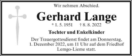 Anzeige  Gerhard Lange  Lippische Landes-Zeitung