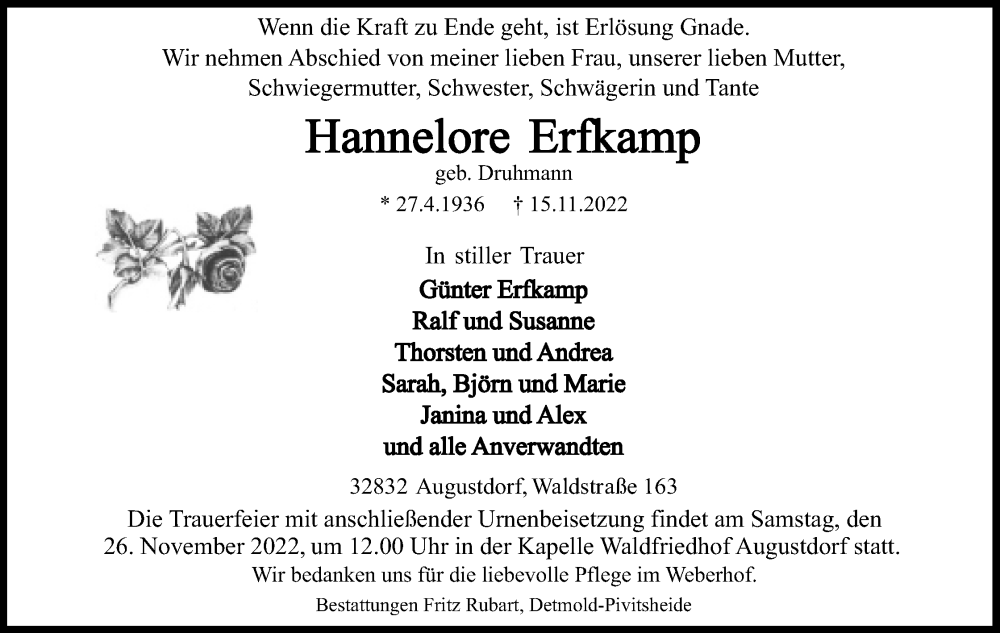  Traueranzeige für Hannelore Erfkamp vom 19.11.2022 aus Lippische Landes-Zeitung