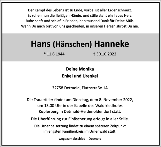 Anzeige  Hans Hanneke  Lippische Landes-Zeitung
