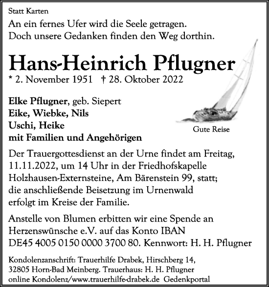 Anzeige  Hans-Heinrich Pflugner  Lippische Landes-Zeitung